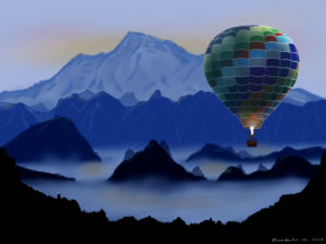 Digital Art,ArtWork,Painting,Kunst,Maleri,Balloon over the Mountains,Ballon over bjergene,Jens Lundin Art